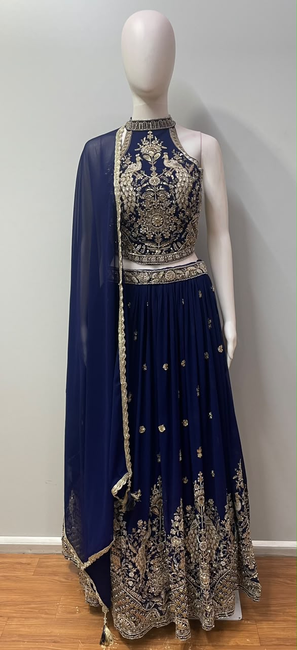 Royal Blue Gold Peacock Zari Lehenga Set