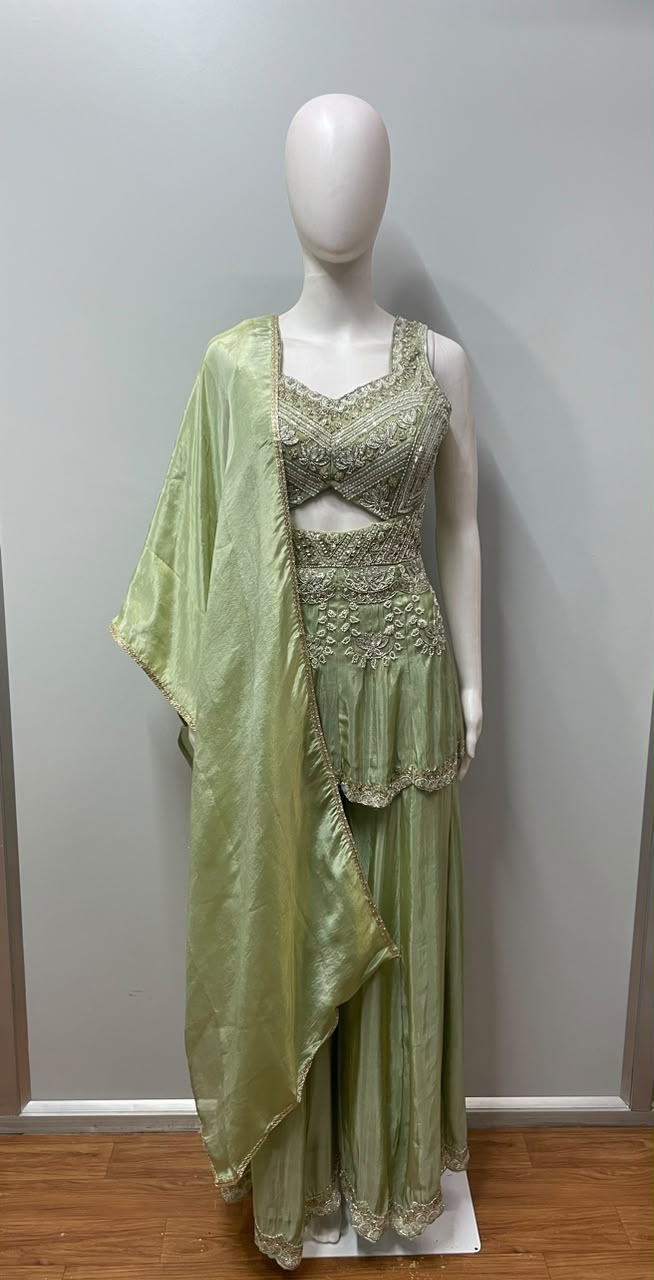 Pistachio Gold Embroidered Palazzo Suit Set