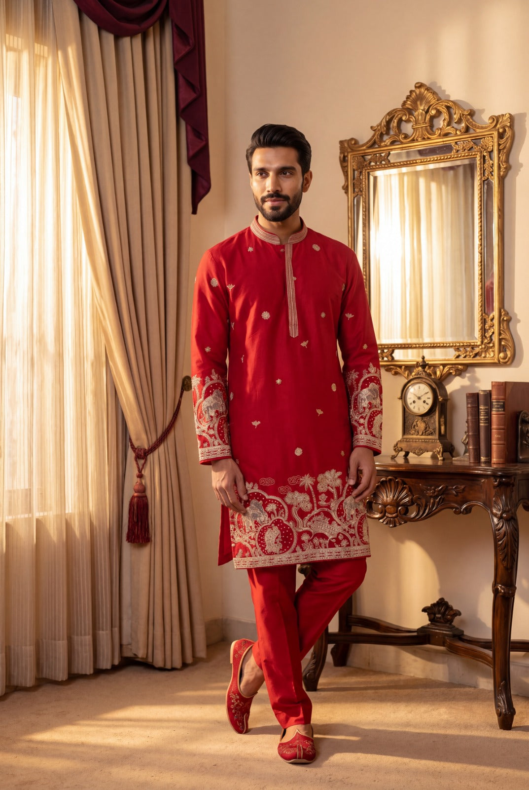 Scarlet Red Antique Gold Motif Kurta Set