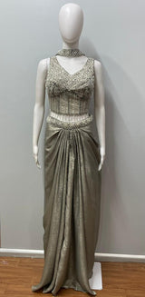 Sage Silver Draped Saree Set