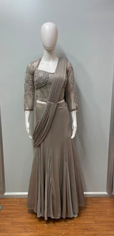 Taupe Silver Corset Draped Saree Set