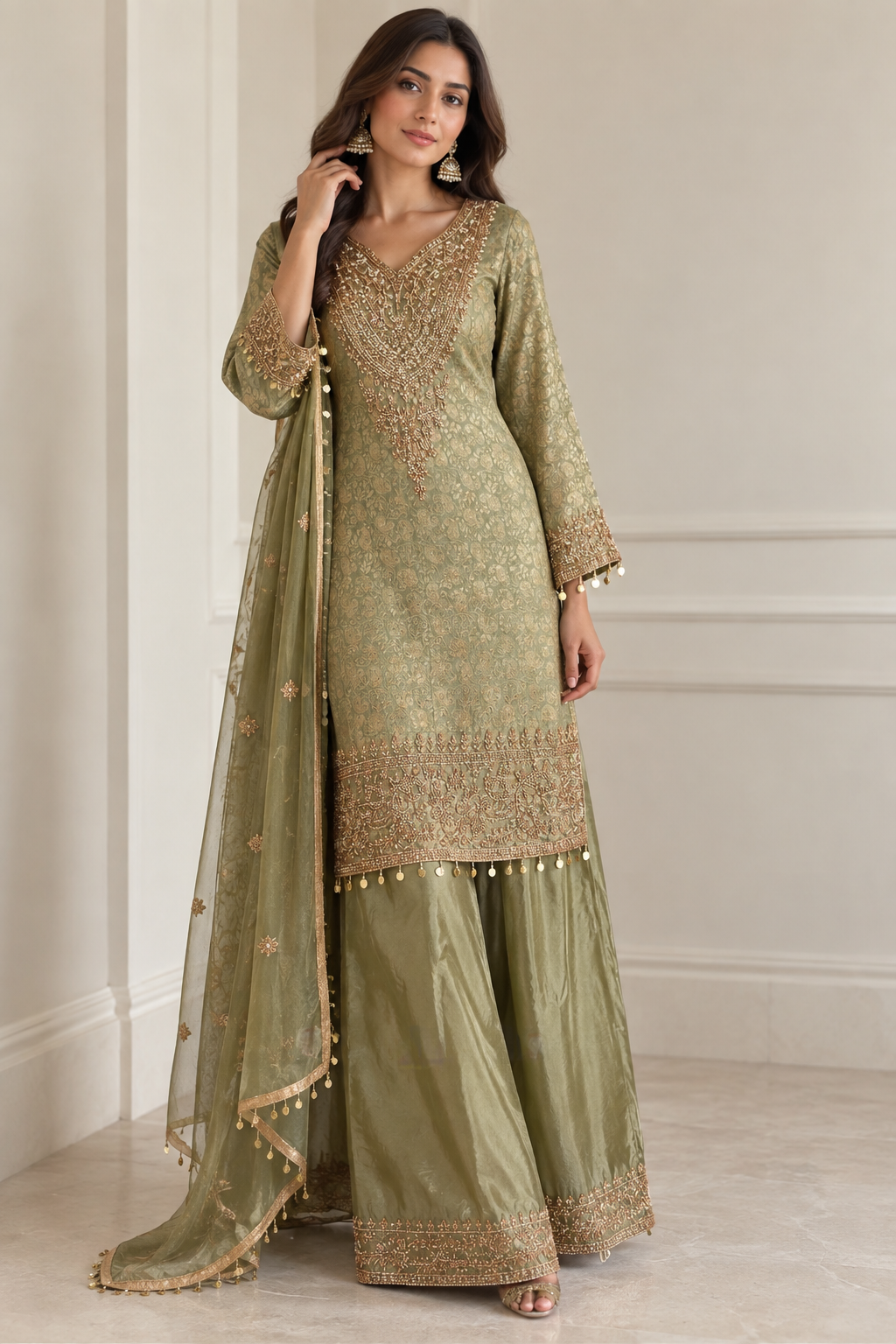 Sage Green Antique Gold Palazzo Set