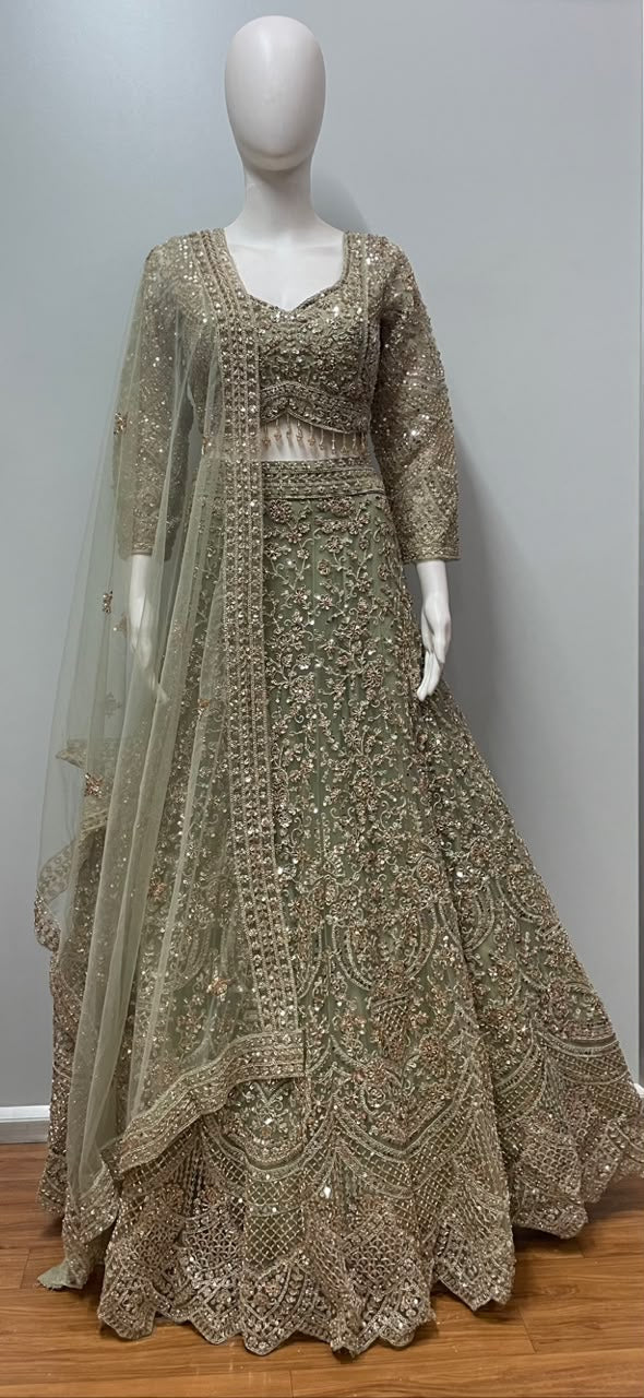 Sage Champagne Embroidered Bridal Lehenga Set