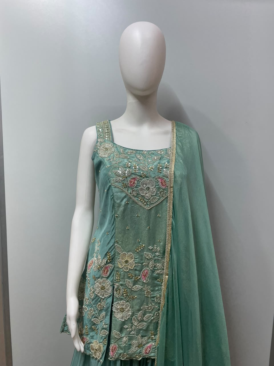 Mint Floral Embroidered Sharara Set