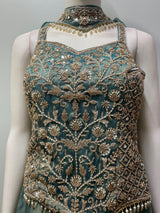 Deep Teal Antique Gold Floral Palazzo Set