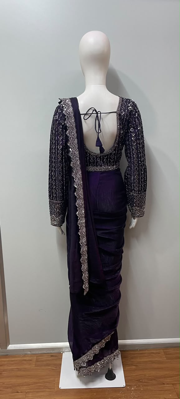 Midnight Plum Mirror Draped Saree Set