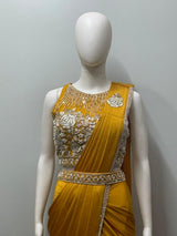 Mustard Pearl Draped Saree Set