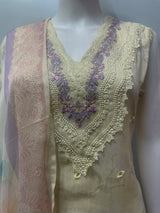 Back view of the lavender blossom ensemble with the dupatta over one arm