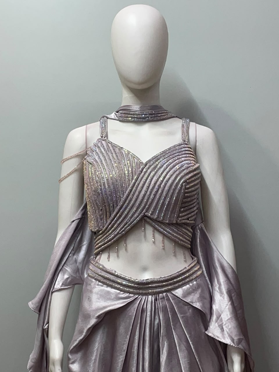 Pearl Lilac Crystal Draped Saree Set