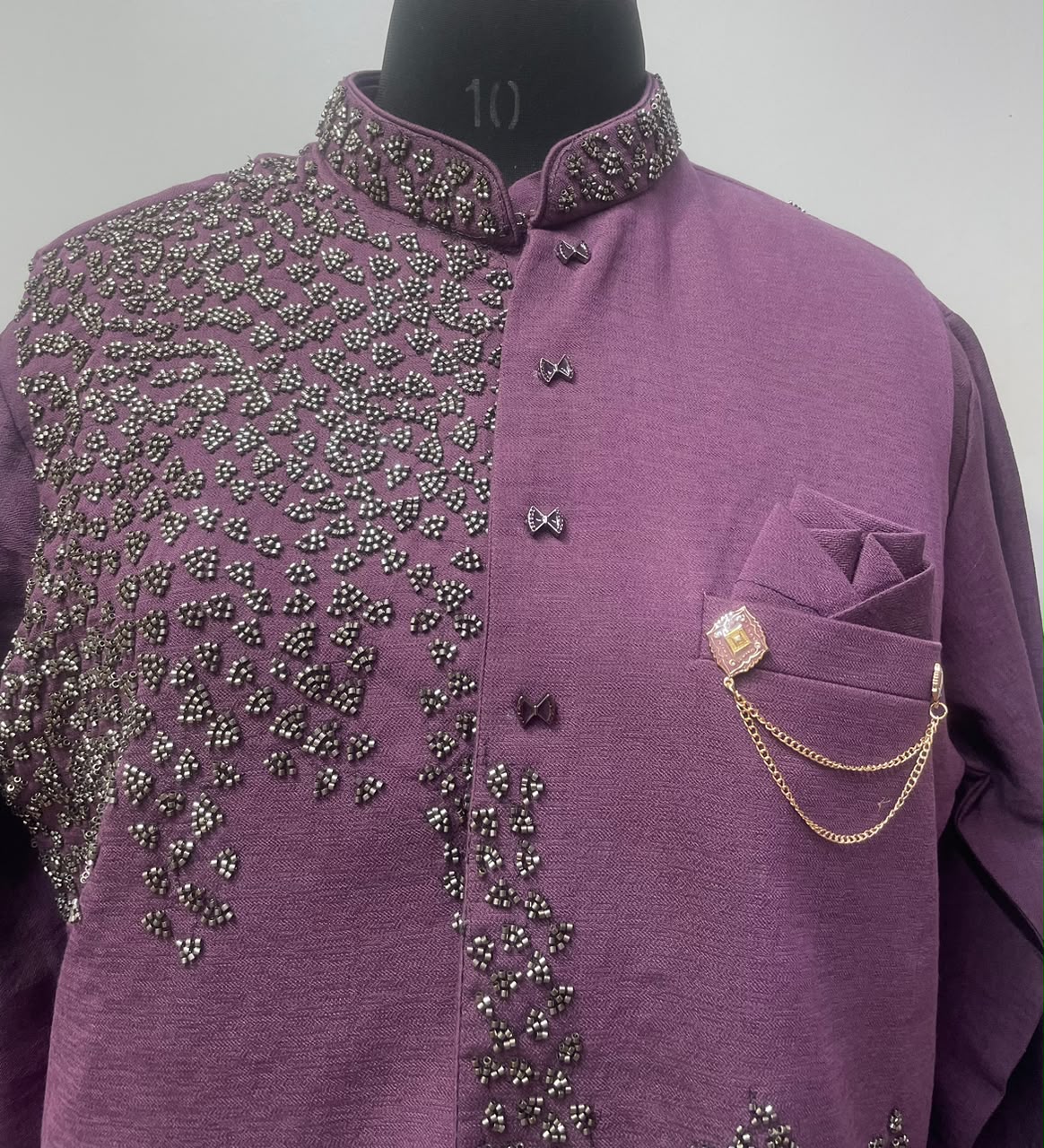 Plum beaded waistcoat and kurta with a pocket chain, close view
