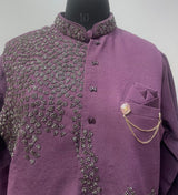 Plum beaded waistcoat and kurta with a pocket chain, close view