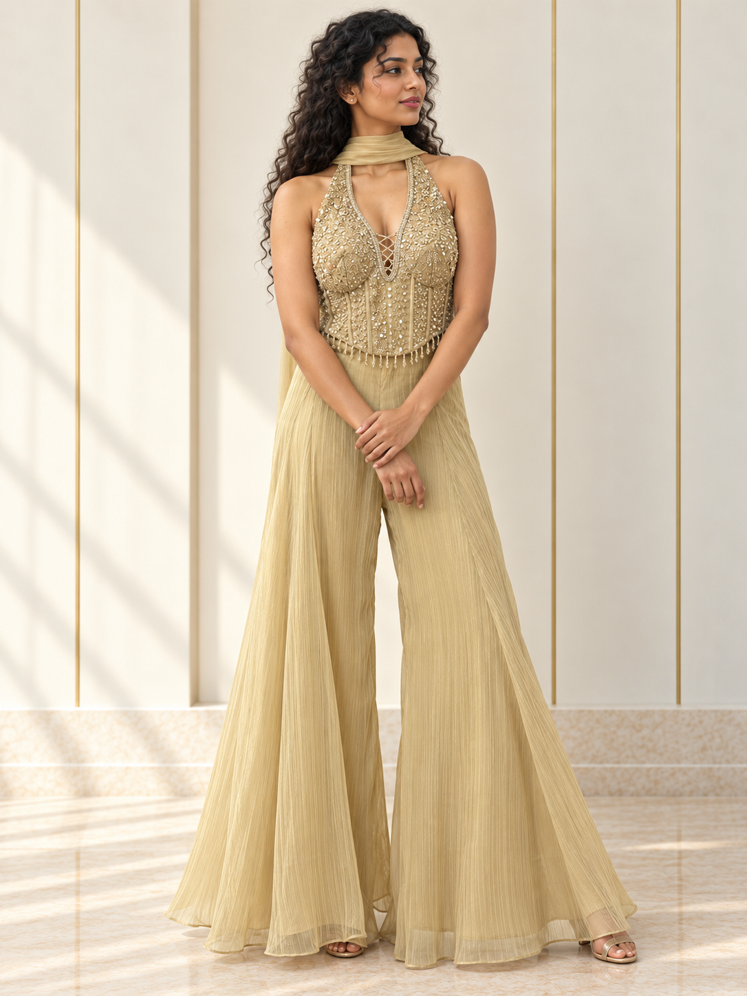 Champagne gold halter corset palazzo set with a lace-up neckline and textured trousers