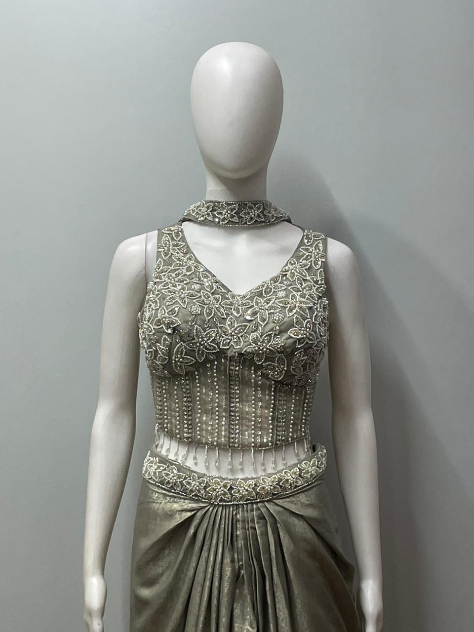 Sage Silver Draped Saree Set
