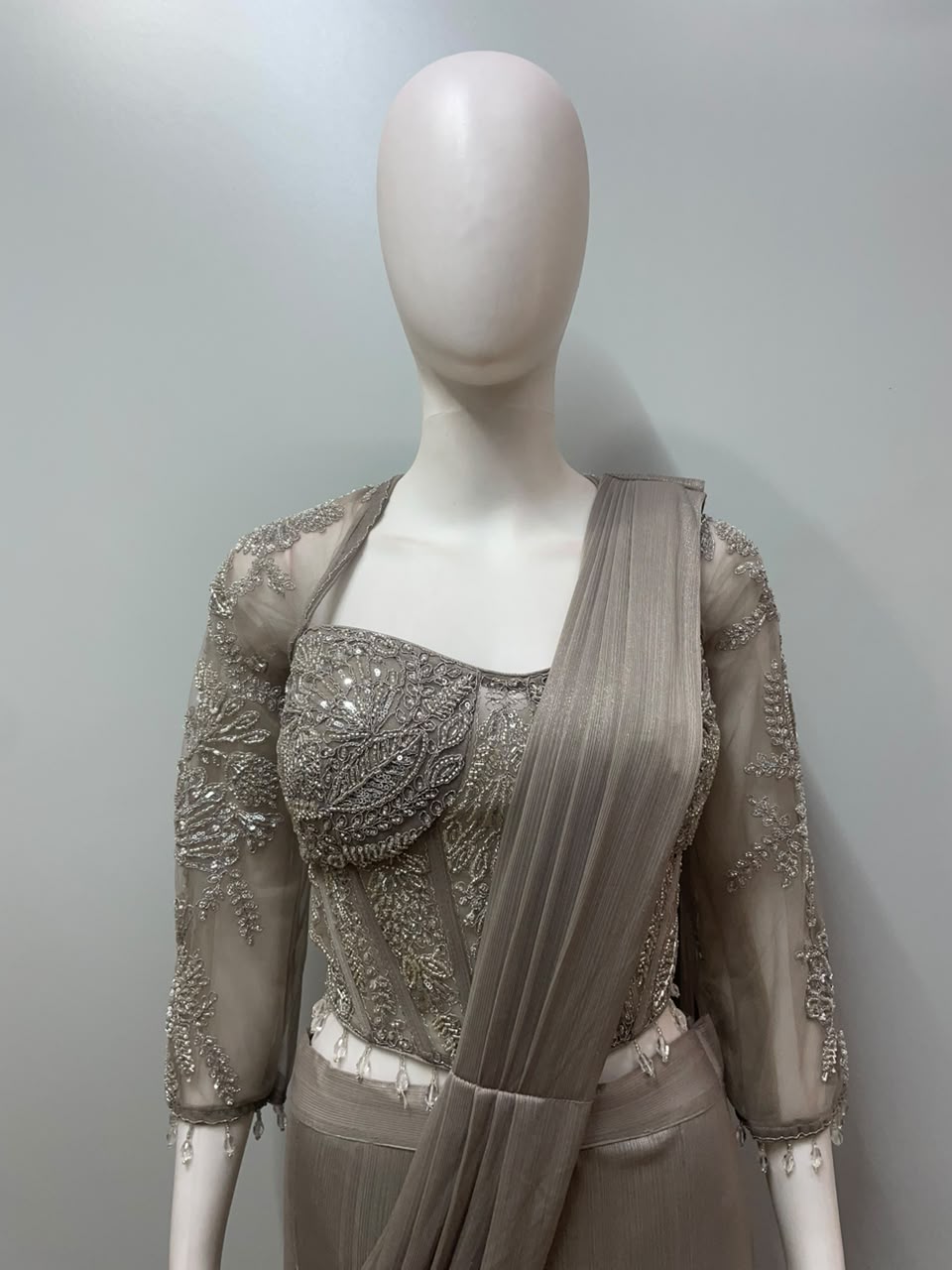 Taupe Silver Corset Draped Saree Set
