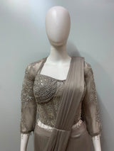 Taupe Silver Corset Draped Saree Set