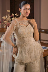 Champagne Ivory Antique Gold Floral Cape Palazzo Set