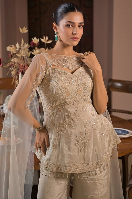 Champagne Ivory Antique Gold Floral Cape Palazzo Set