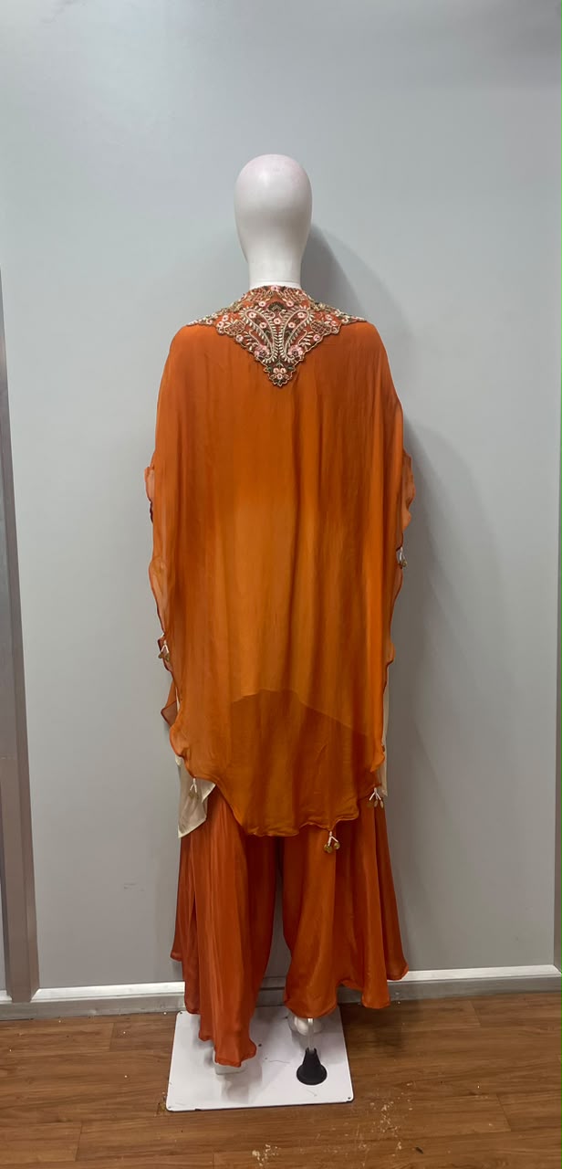 Tangerine Ivory Embroidered Cape Palazzo Couture Ensemble