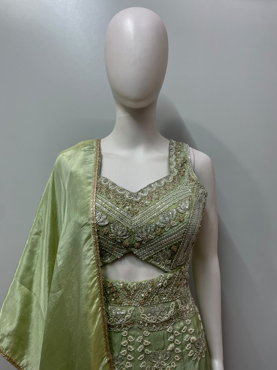 Pistachio Gold Embroidered Palazzo Suit Set