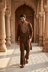 Cocoa brown men's kurta with champagne gold beadwork at the mandarin collar