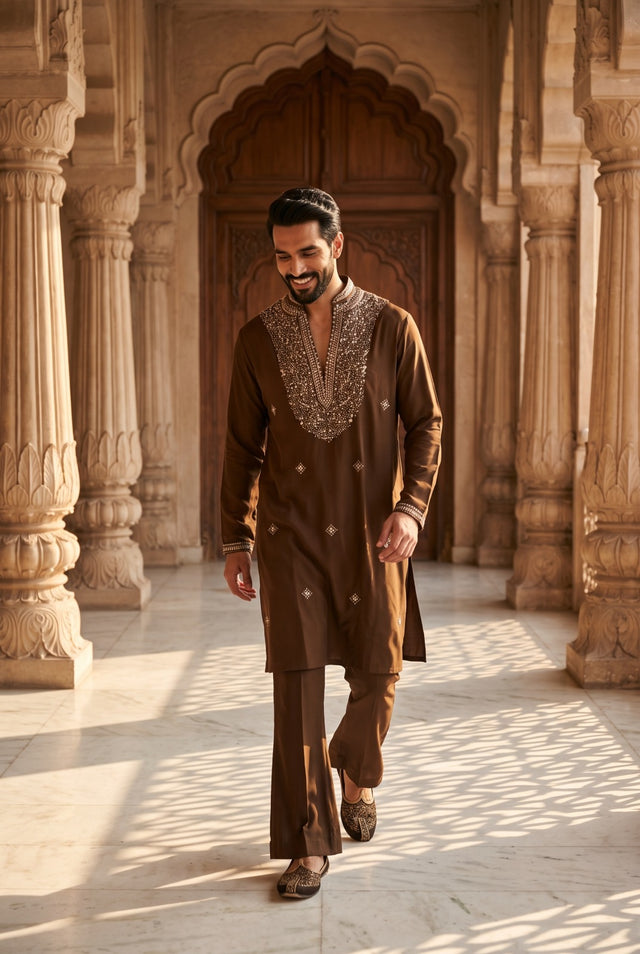 Cocoa brown men's kurta with champagne gold beadwork at the mandarin collar