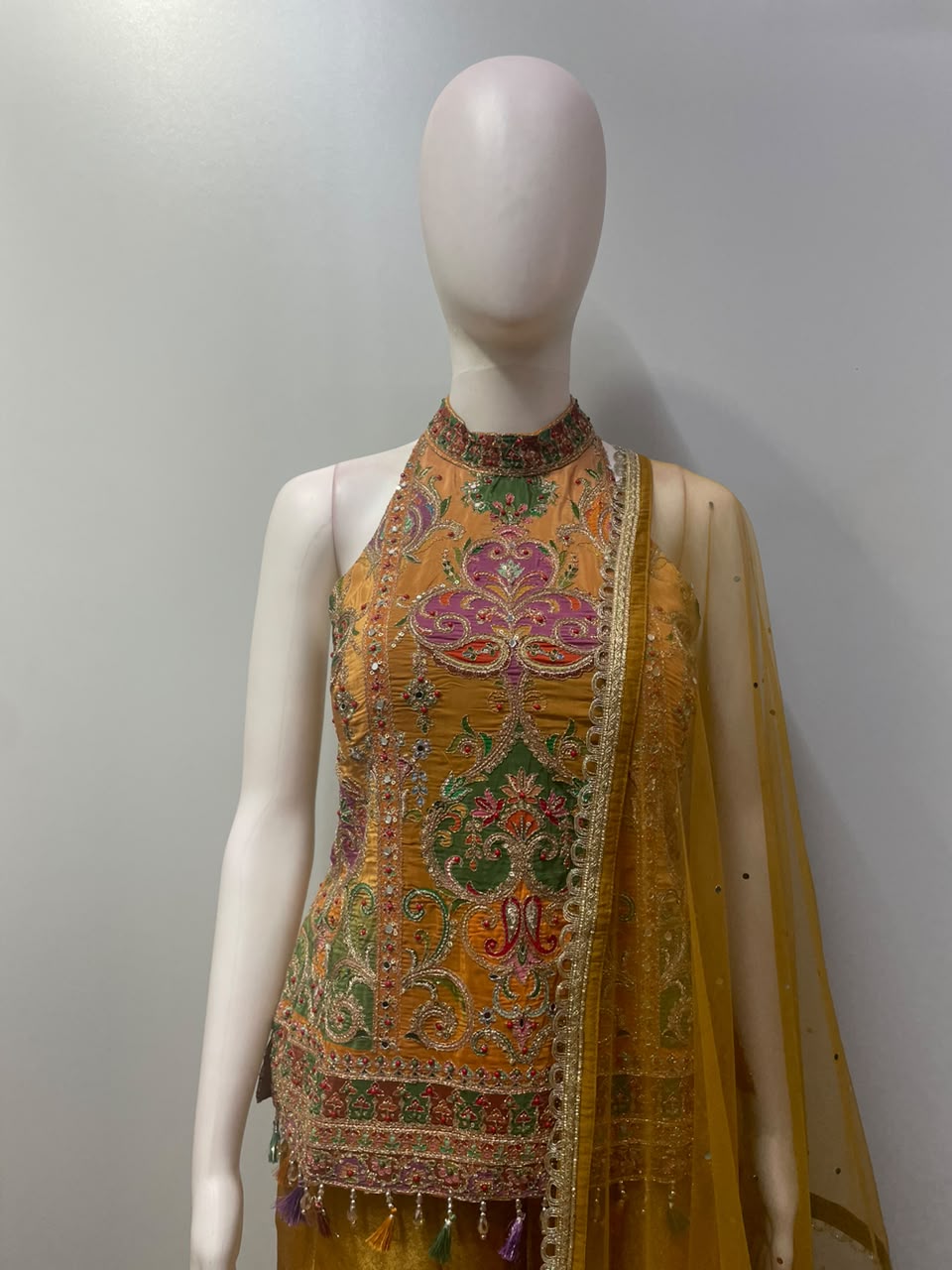 Mustard Gold Jewel Embroidered Palazzo Ensemble