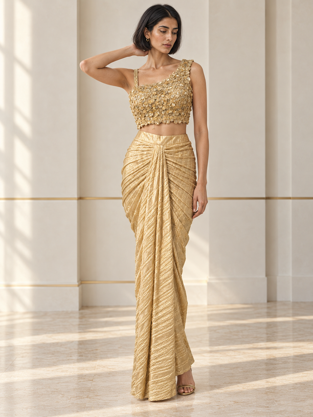 Golden champagne skirt set with an asymmetric floral blouse and metallic crinkled draping