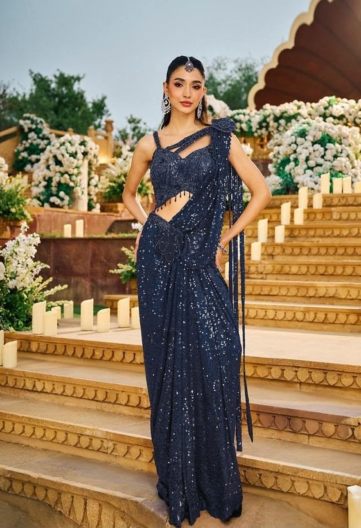 Midnight Navy Sequin Floral Draped Saree Set