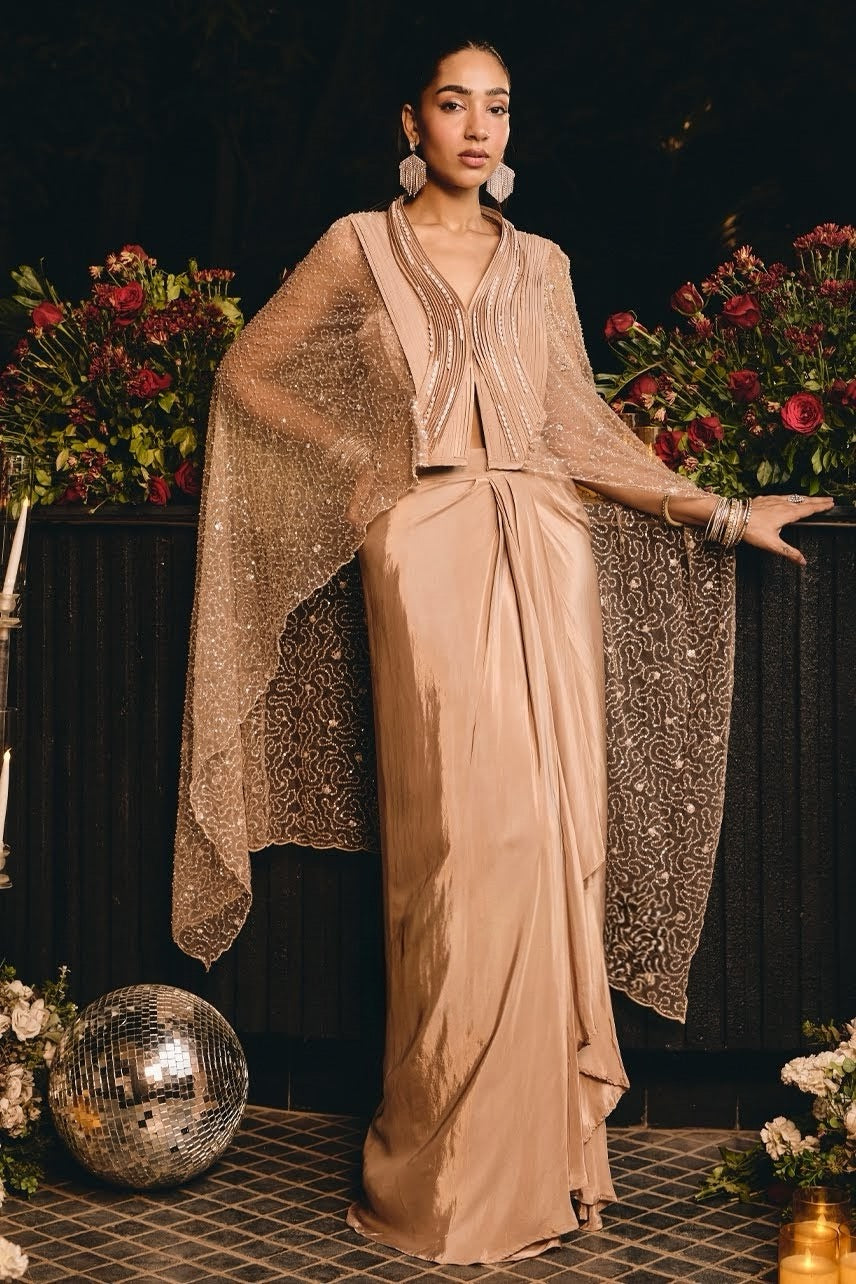 Champagne Taupe Sequin Cape Draped Skirt Set