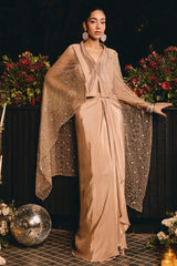 Champagne Taupe Sequin Cape Draped Skirt Set