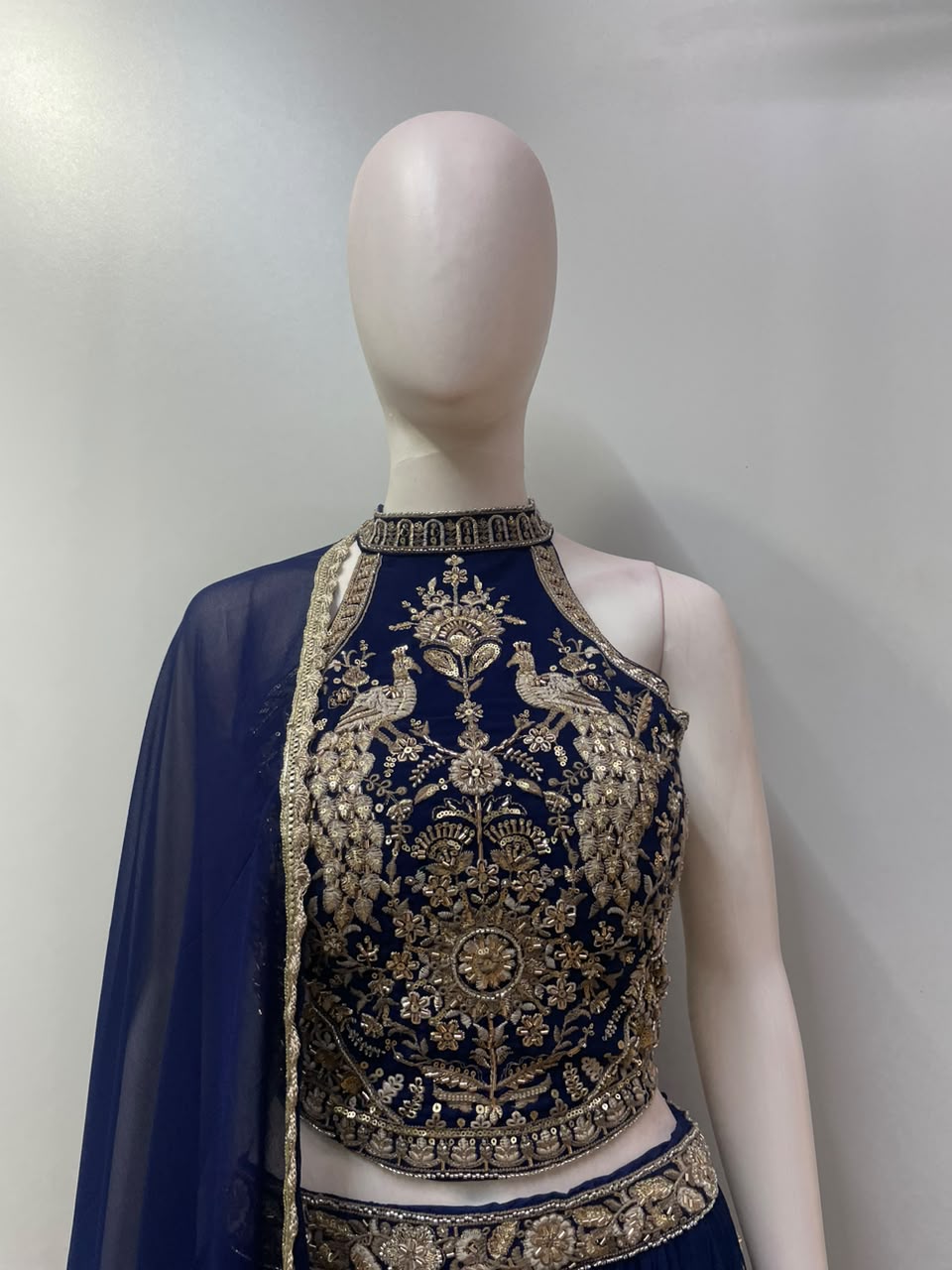 Royal Blue Gold Peacock Zari Lehenga Set