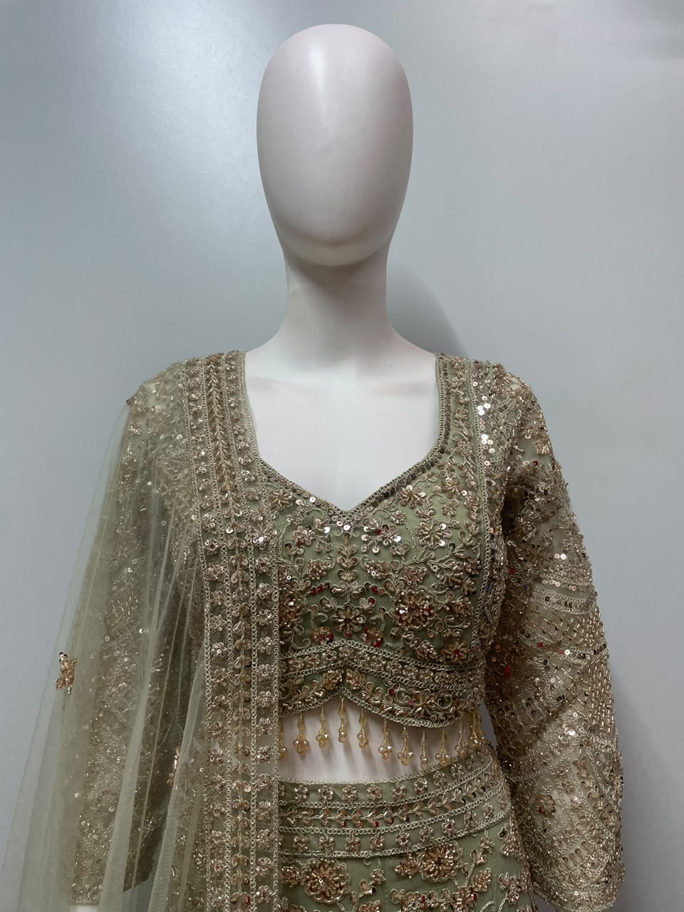 Sage Champagne Embroidered Bridal Lehenga Set