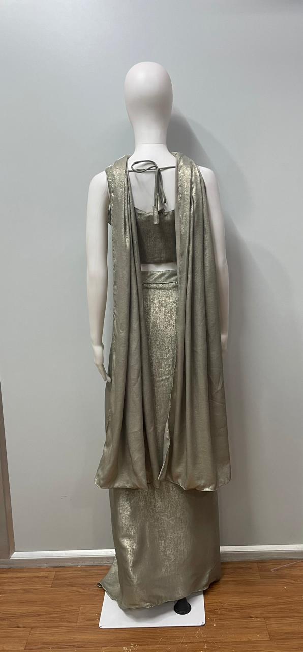 Sage Silver Draped Saree Set