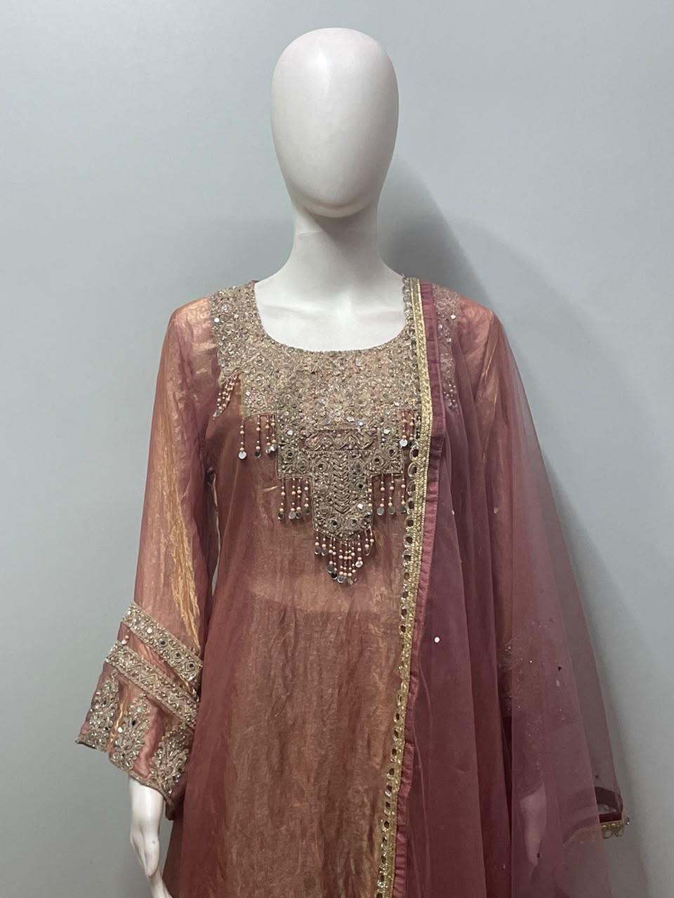 Rose Bronze Pearl Embellished Festive Ensemble - close-up detail