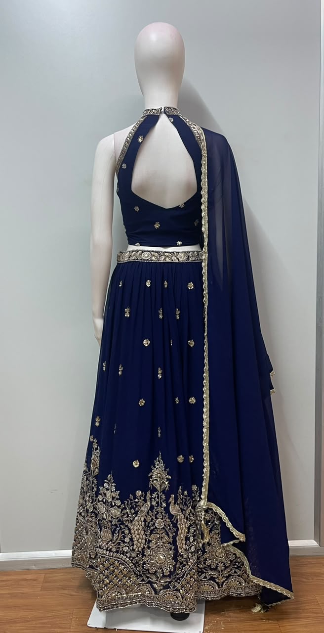 Royal Blue Gold Peacock Zari Lehenga Set