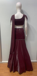 Deep Plum Crystal Draped Skirt Set