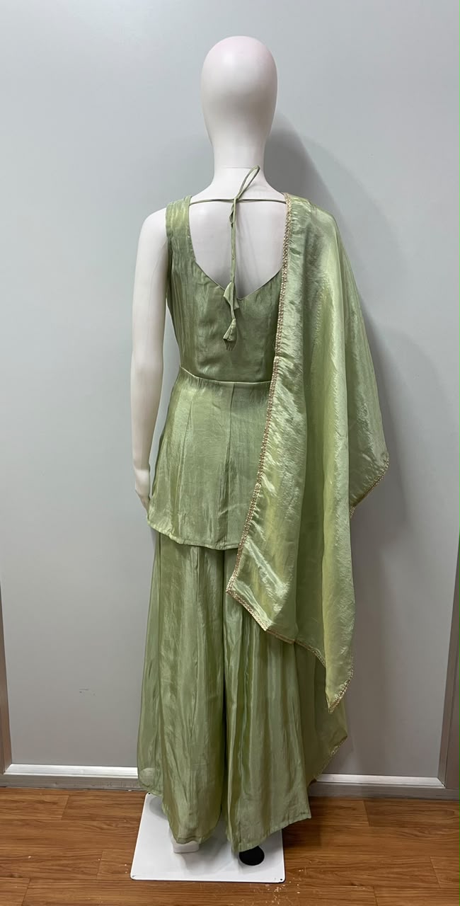 Pistachio Gold Embroidered Palazzo Suit Set