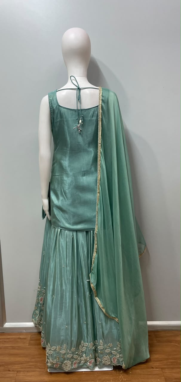 Mint Floral Embroidered Sharara Set