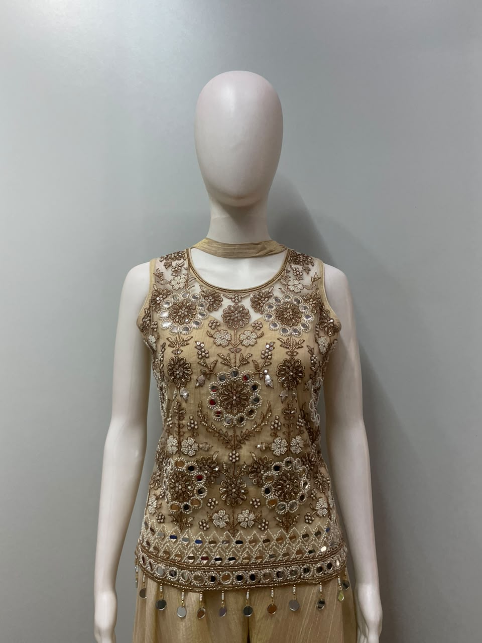 Champagne Gold Mirrorwork Palazzo Dupatta Set