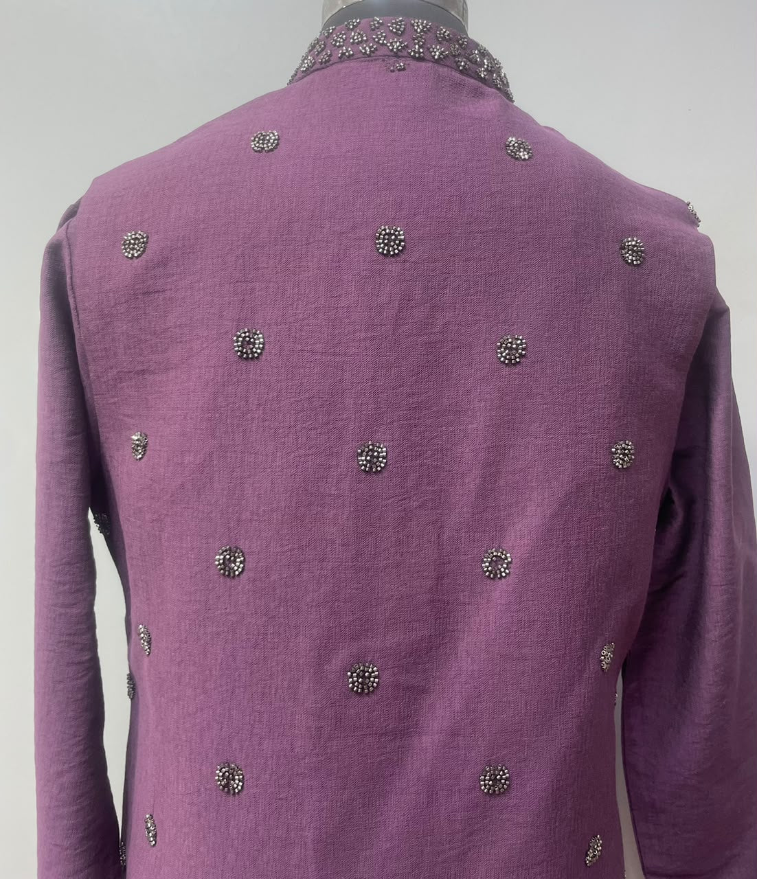 Plum kurta set with Nehru waistcoat and matching trousers, full view
