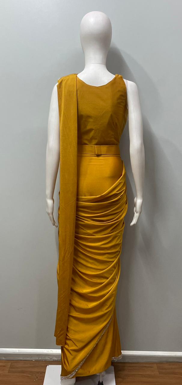 Mustard Pearl Draped Saree Set