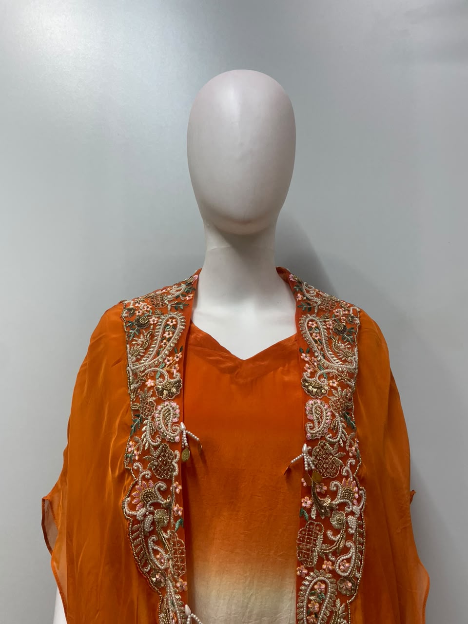 Tangerine Ivory Embroidered Cape Palazzo Couture Ensemble