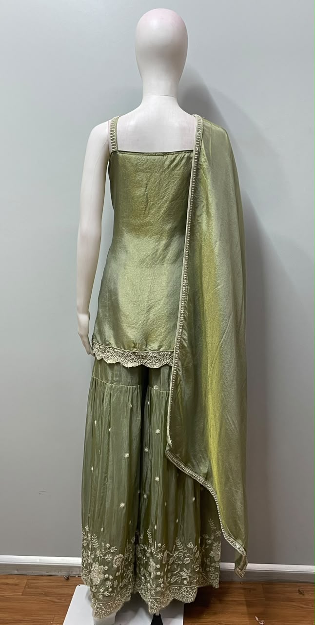 Olive Gold Floral Embroidered Sharara Ensemble