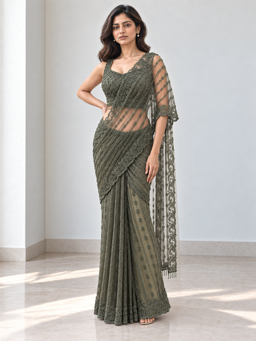 Smoky sage pre-draped saree set with tonal beadwork and a sheer floral pallu