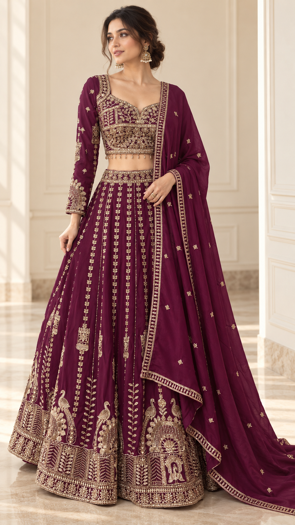 Deep plum lehenga set with antique gold jewel embroidery and matching dupatta