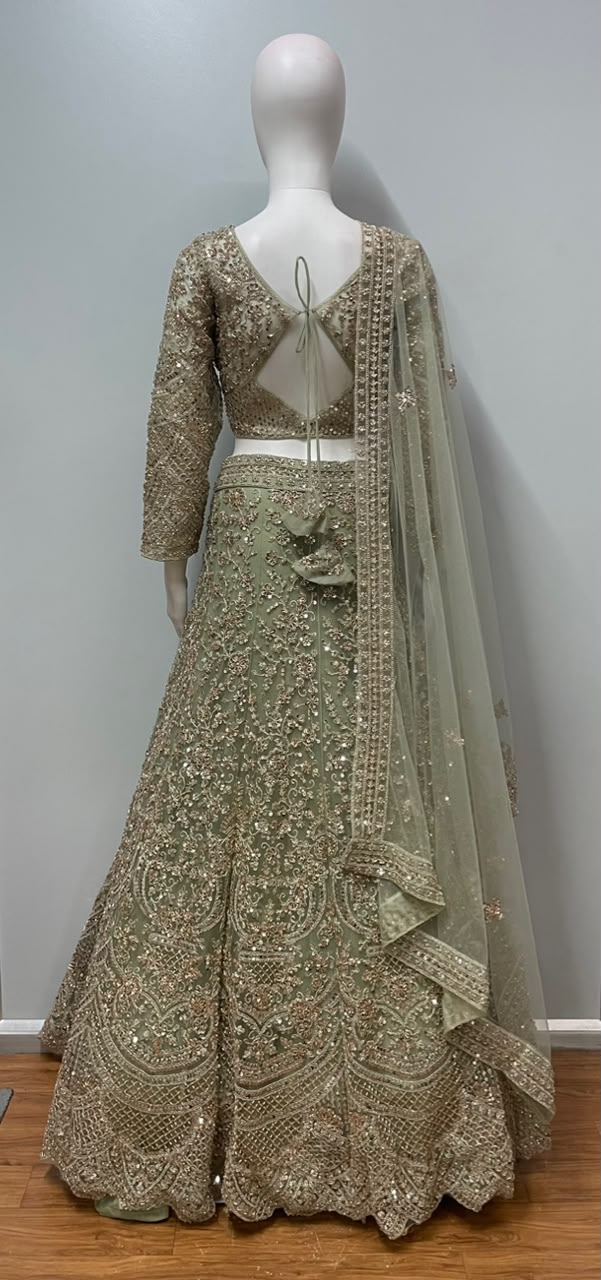 Sage Champagne Embroidered Bridal Lehenga Set