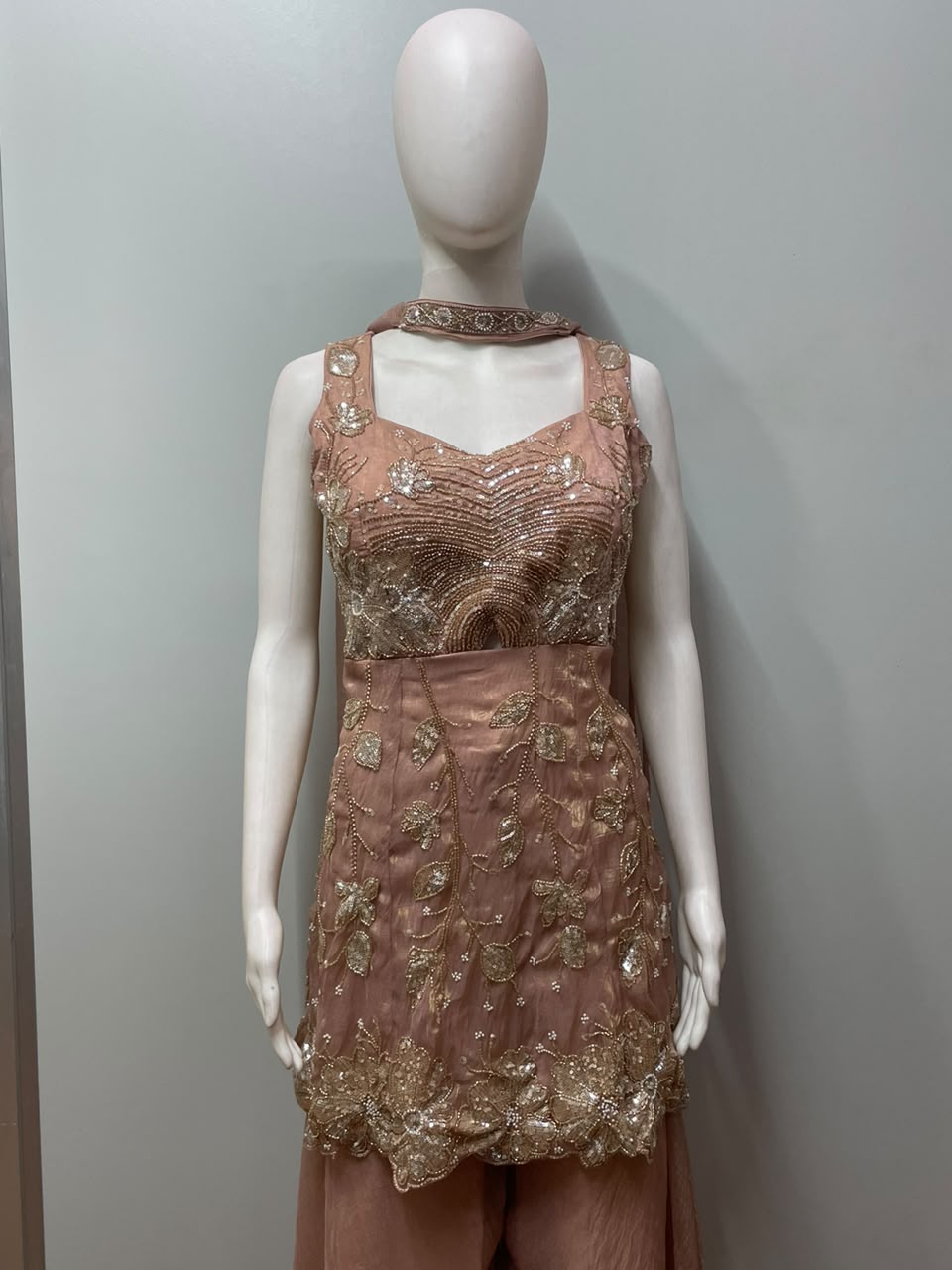 Peach Gold Embroidered Peplum Palazzo Ensemble