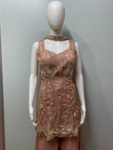 Peach Gold Embroidered Peplum Palazzo Ensemble