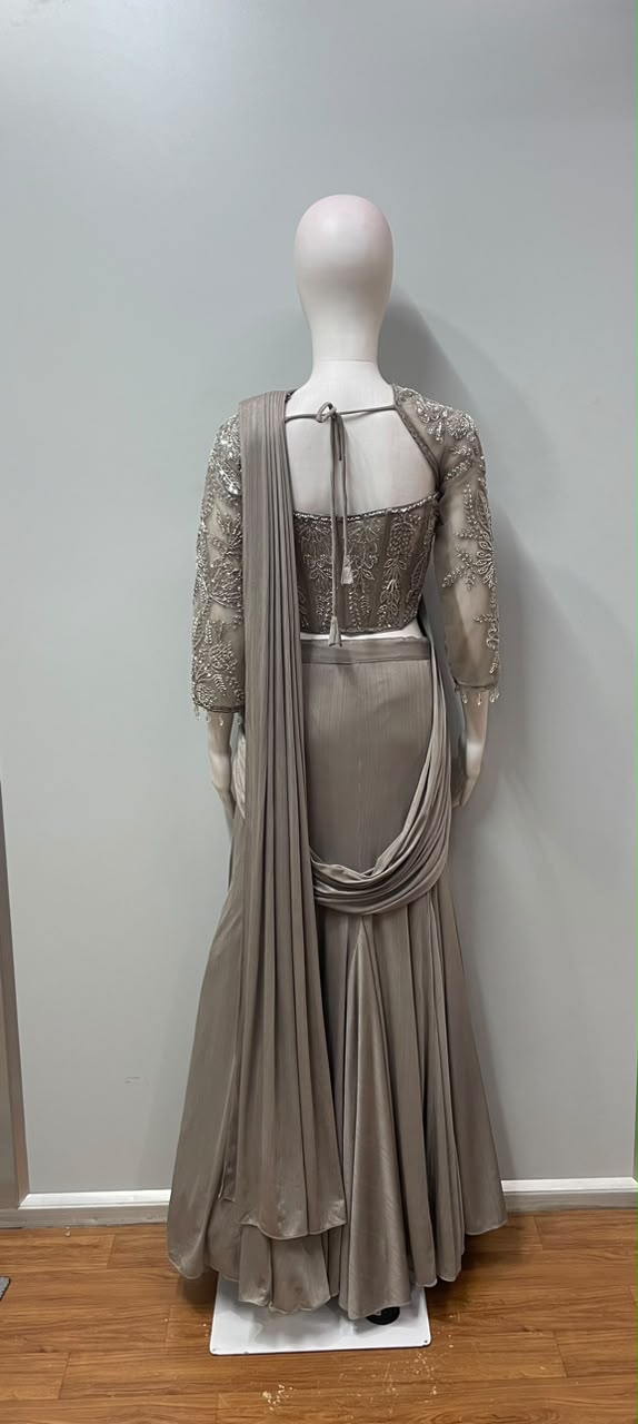 Taupe Silver Corset Draped Saree Set
