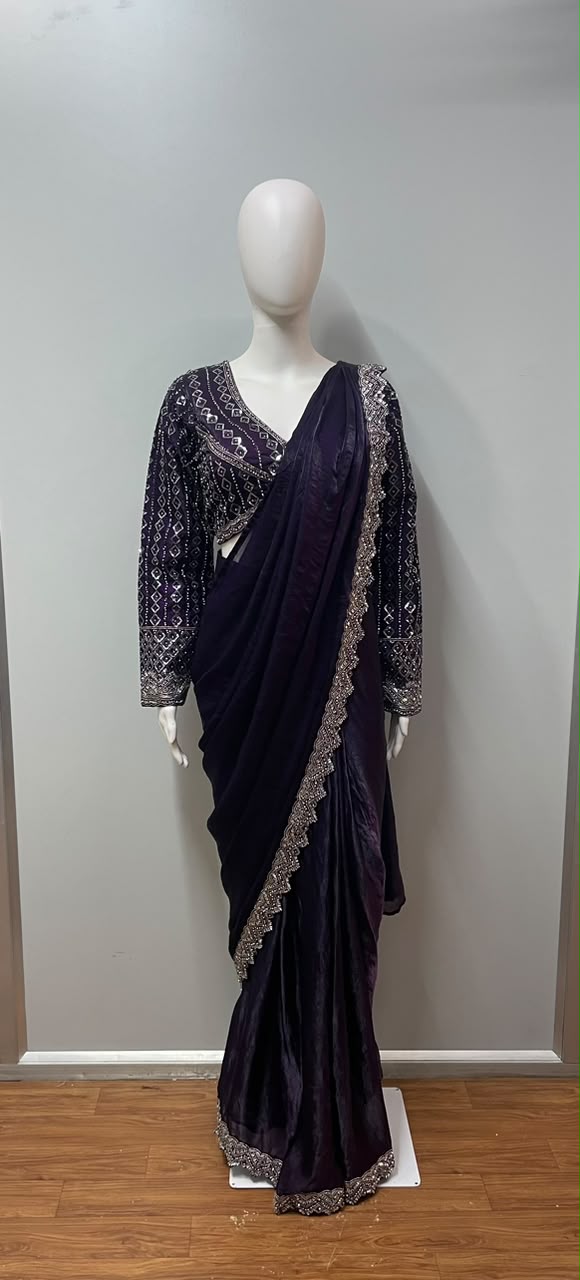 Midnight Plum Mirror Draped Saree Set